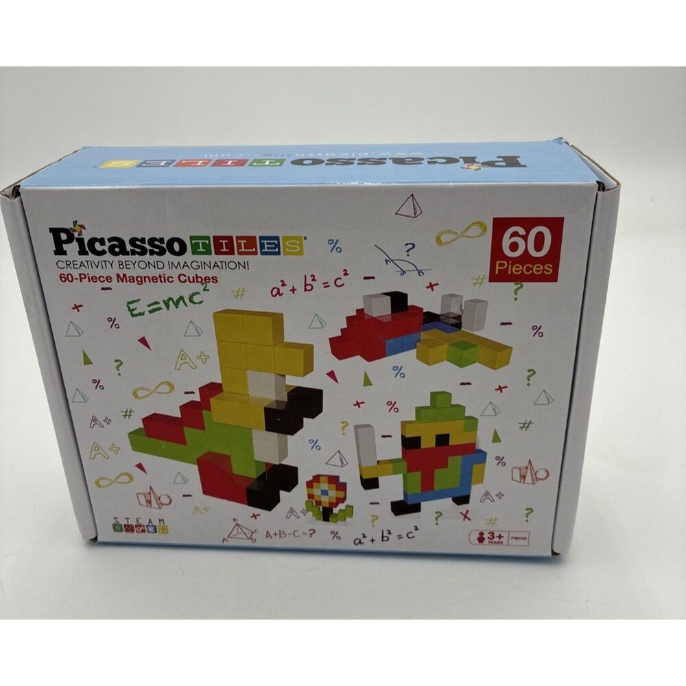 Picasso Tiles 60 Piece 3D Multicolor Magnetic Building Cubes Set With Booklet.
